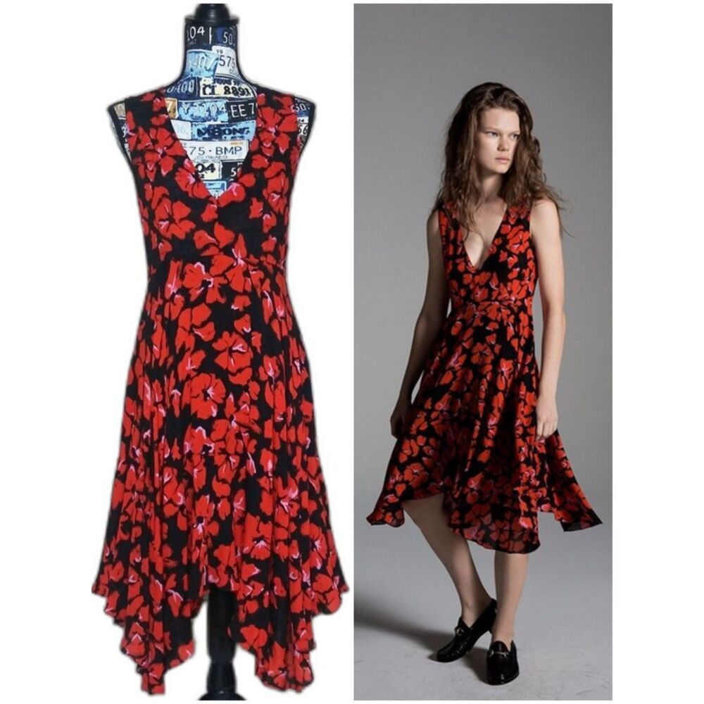 ALC Nello Floral Asymmetrical Handkerchief Hem Trapeze Dress Flowy V-Neck Small